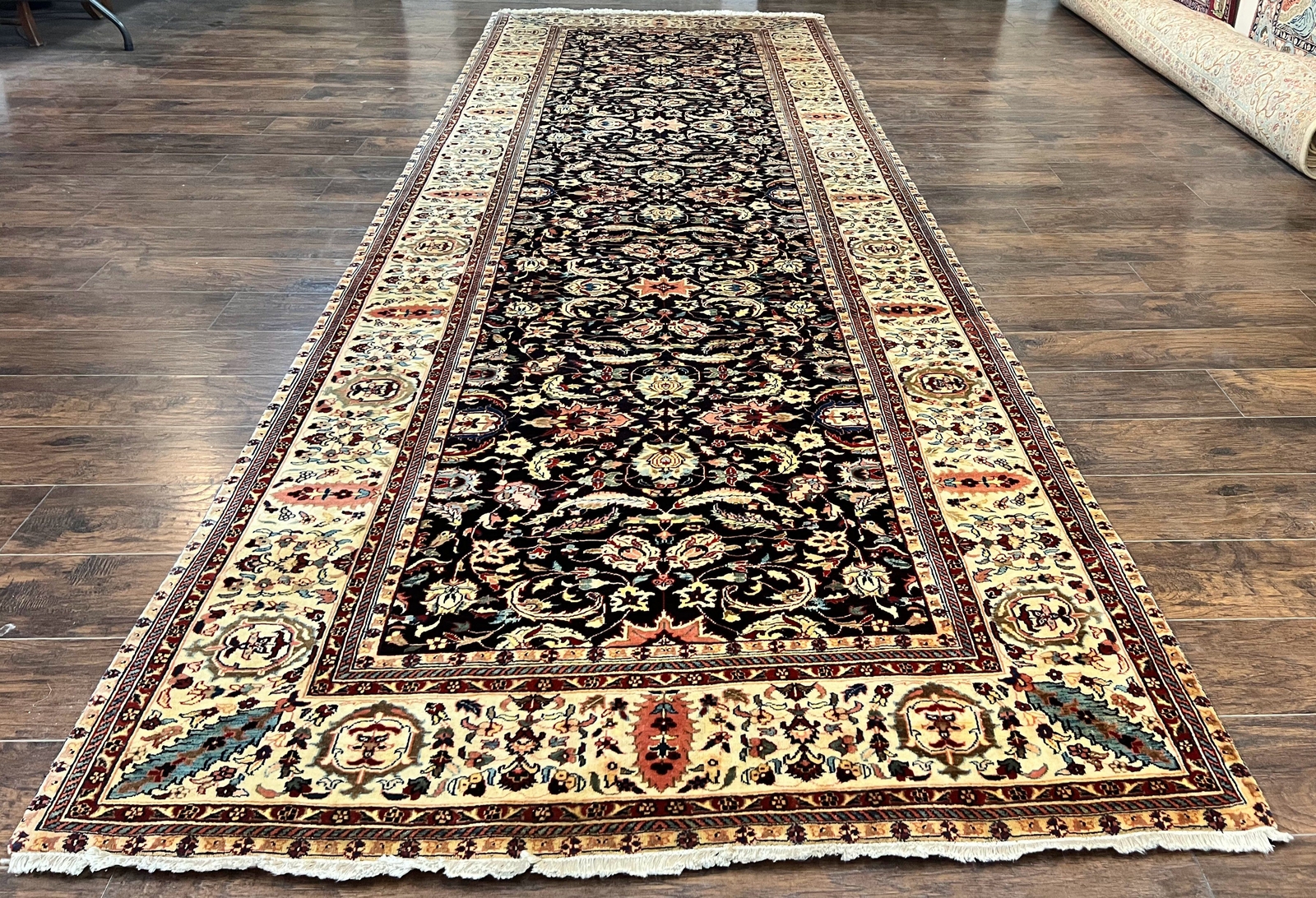 Indian Rug 5x15 Wide Runner Wool Handmade Vintage Oriental Carpet Black Cream gallery