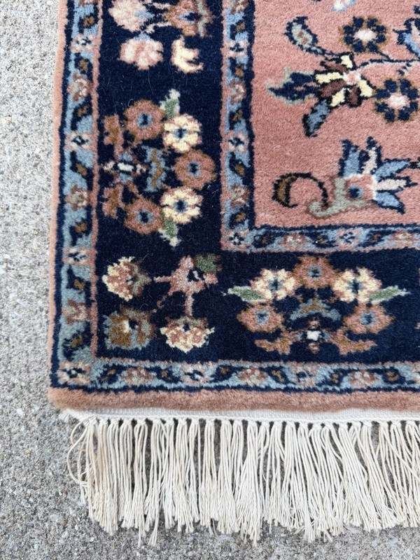 Vtg Sarouk Style Oriental Wool Rug Hand Woven Pink & Blue Floral Design 28x55” gallery