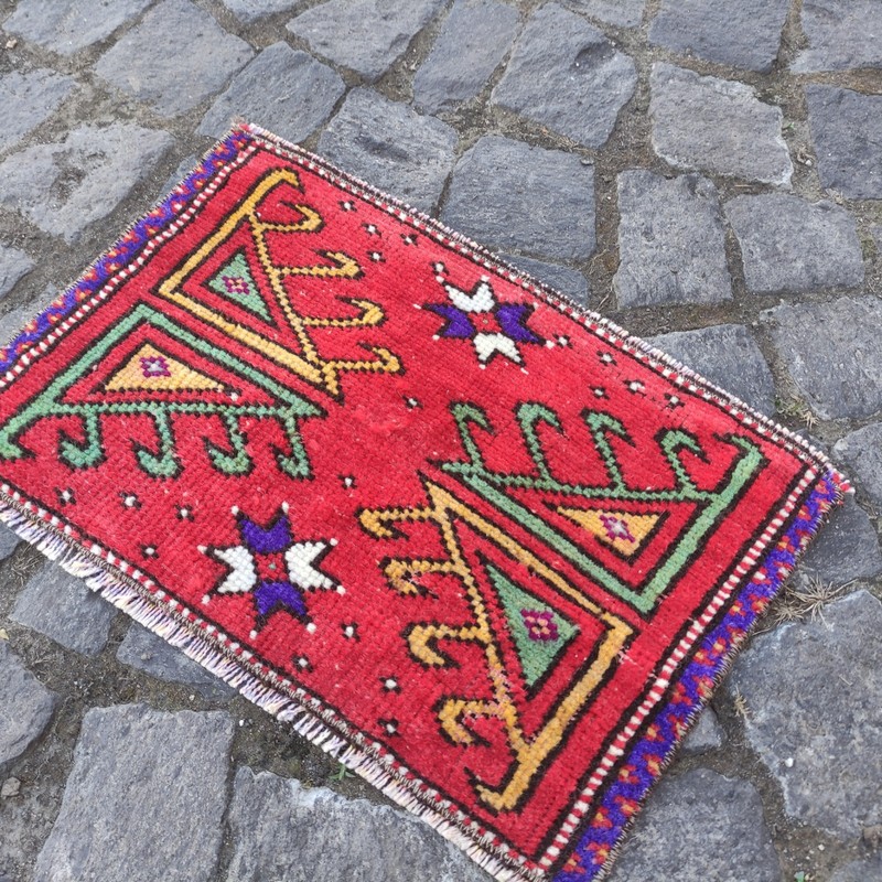 2x1 Turkish Canakkale Vintage Small Rug 48 x 31 cm Bath Mat 1.57 x 1.02 ft gallery