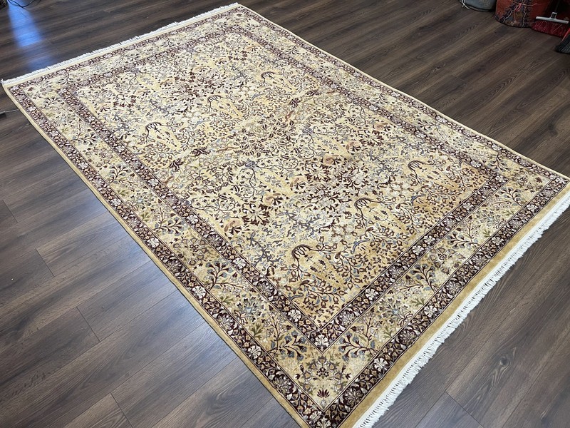 Indian Oriental Rug 6x9 Allover Floral Motif Birds Tan/Cream Fine Wool Carpet gallery
