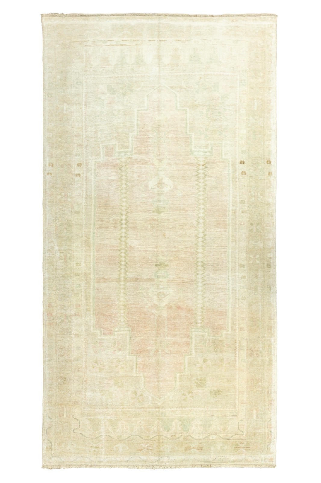 Vintage Hand-Knotted Turkish Oushak Wool Rug – Blush Pink, Sage – 4'1" x 7'4" ft gallery