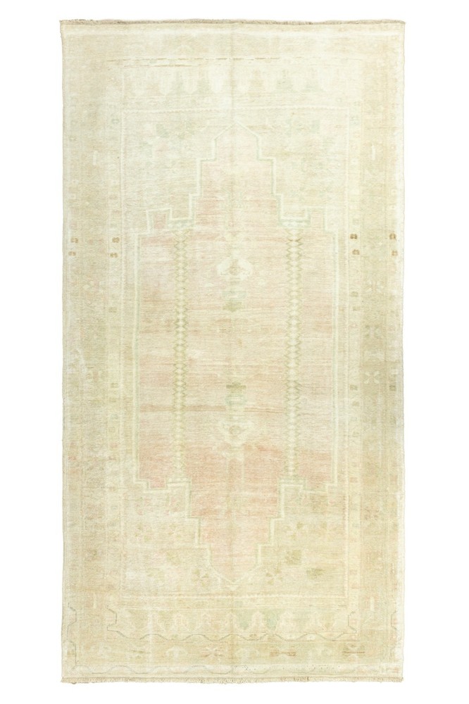 Vintage Hand-Knotted Turkish Oushak Wool Rug – Blush Pink, Sage – 4'1" x 7'4" ft