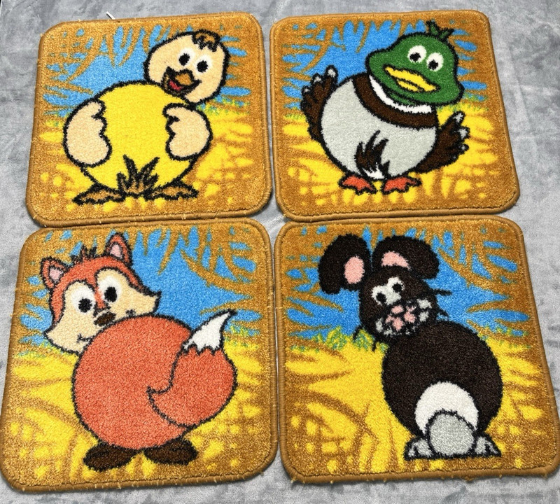 Vintage Retro Cartoon Animal Rugs Set of 7 Fox Duck Pig Bunny Horse Cow Chicken gallery