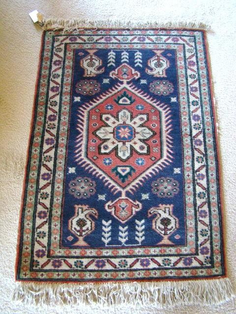Beautiful Vintage 100% Woven Wool 40" Long Geometric Red & Deep Blue Rug gallery
