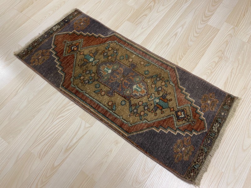Antique Turkish Rug 1.2x2.8 ft Vintage Purple Rust Tribal Small Carpet Boho Mat gallery