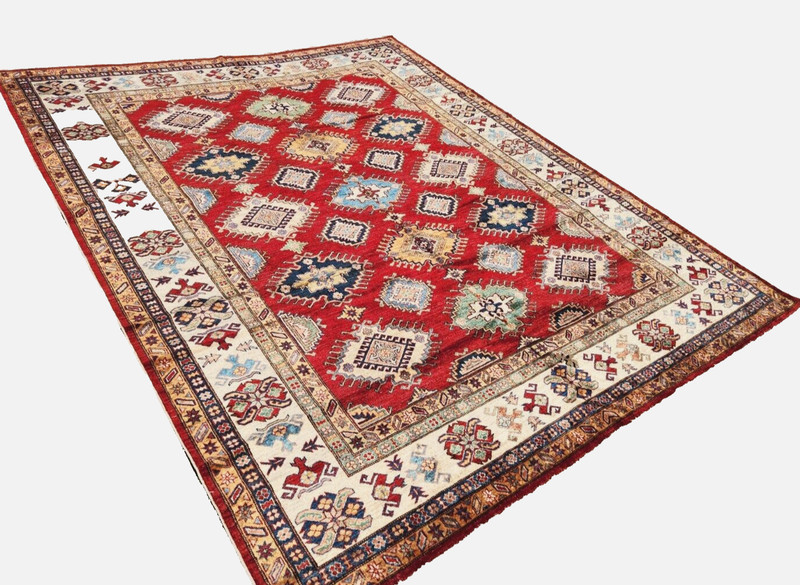 8'x10' HAND-KNOTTED CAUCASIAN KAZAK SERAPE HERIZI TRIBAL WOOL RED RUG gallery