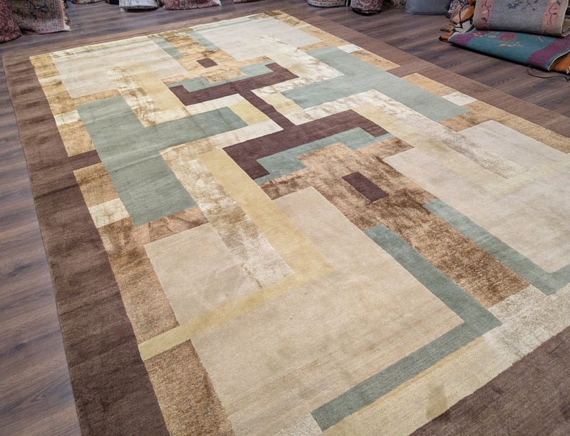 Modern Tibetan Rug 10x14, Wool, Thick Pile, Abstract Geometric, Handmade gallery