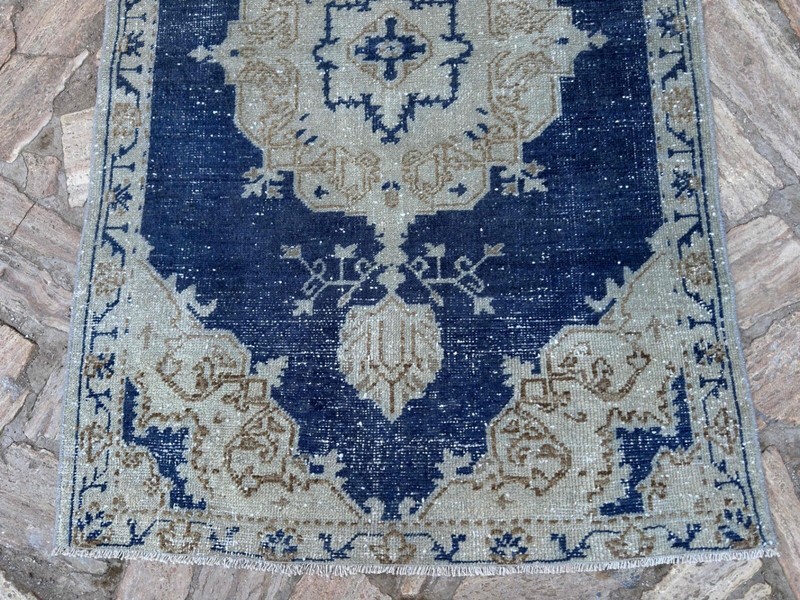 Hand-Knotted Turkish Carpet 3x5 Blue Wool Distressed Rug Muted Anatolian Carpet gallery