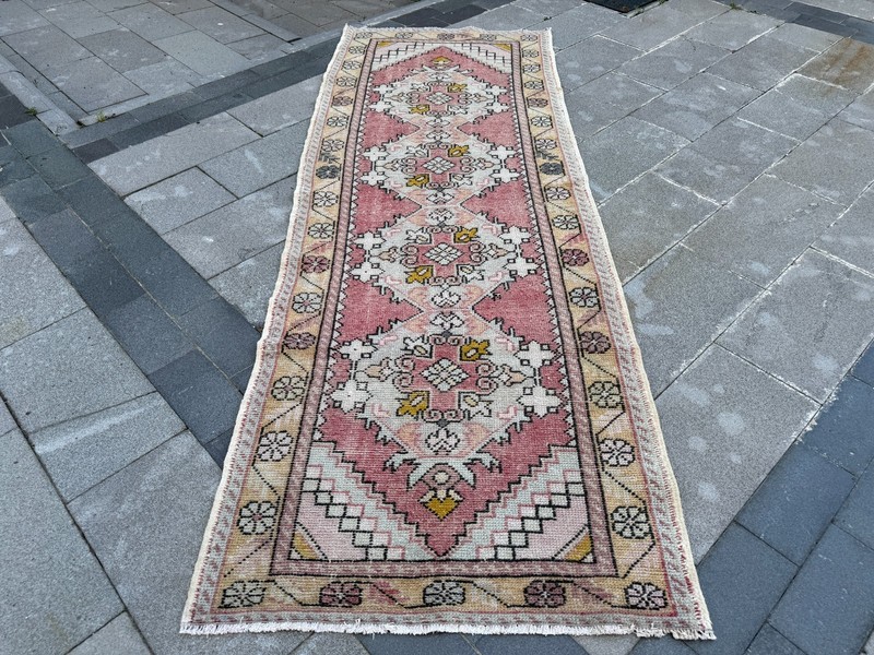 Vintage Turkish Oushak Runner Rug 3.5x9.8 Ft Pink Hall Carpet gallery