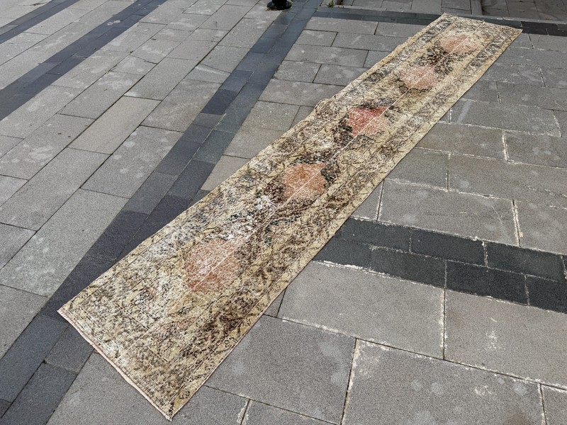 Long Vintage Turkish Oushak Rug 2.2x12.6 ft Beige Pink Hallway Gallery Runner gallery