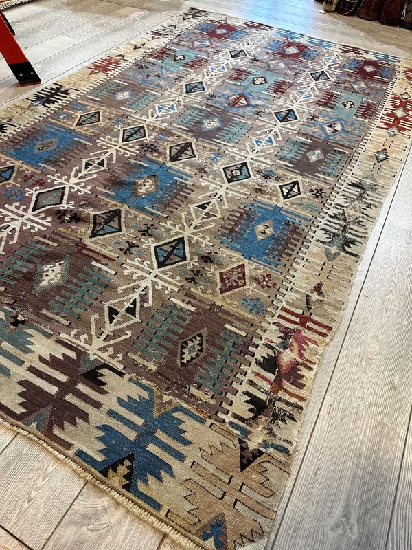 19th C Decorative Collectable Turkish Anatolian Reyhannli Kilim Rug 5’ x 8’3” gallery