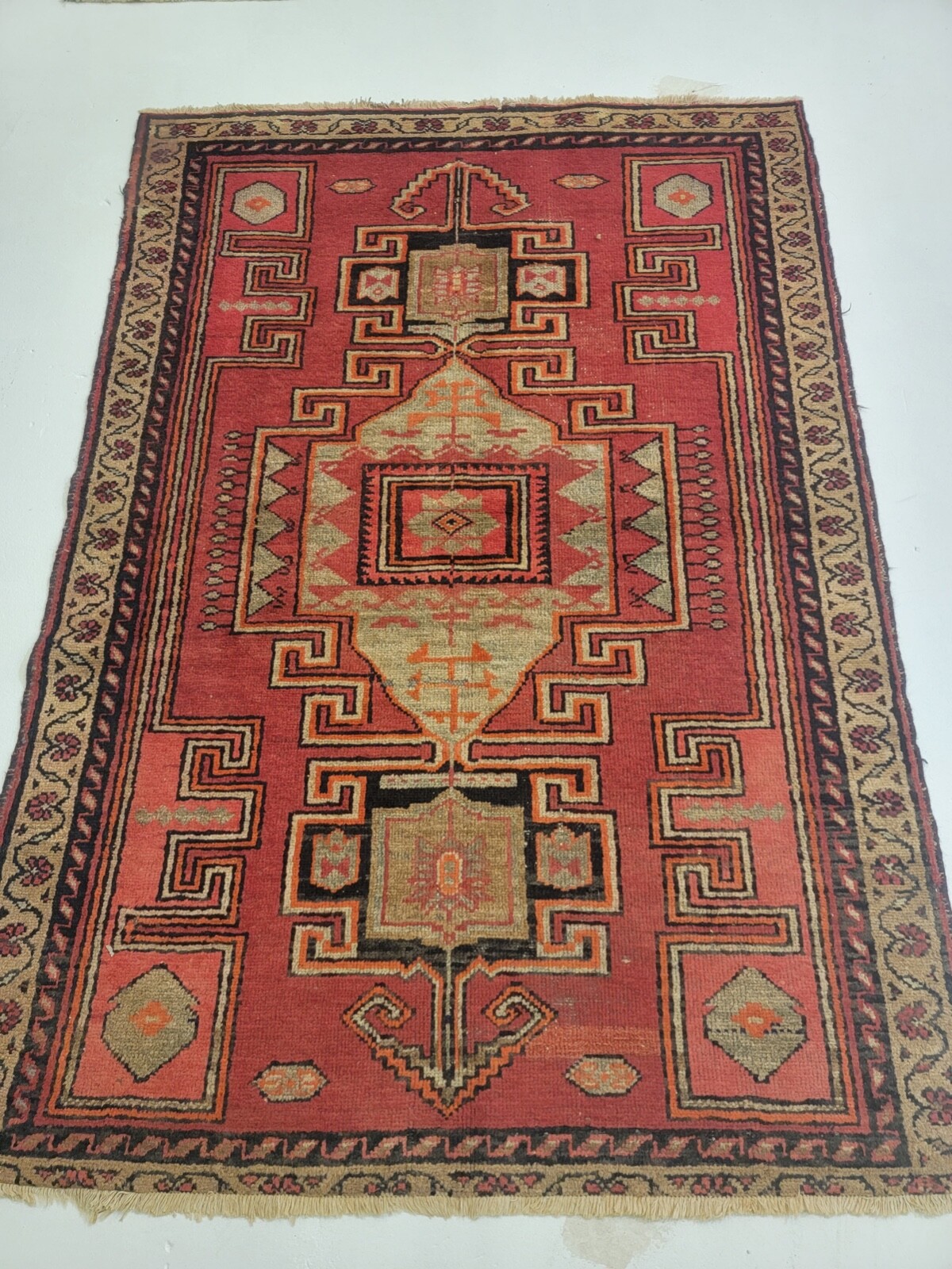 Antique Oriental Hand-Knotted Wool Area Rug Red/Beige 4'2" x 5'11" gallery