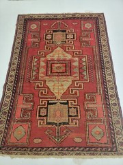 Antique Oriental Hand-Knotted Wool Area Rug Red/Beige 4’2″ x 5’11”