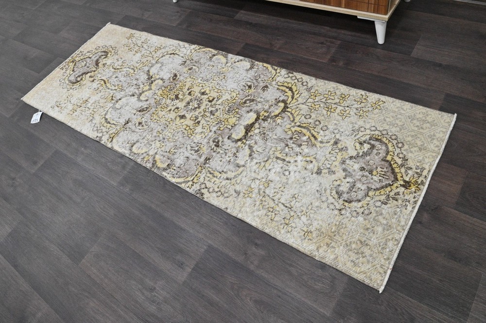 Vintage Turkish Runner Rug 2x7ft BEIGE Handmade Anatolian Oushak Hallway Wool