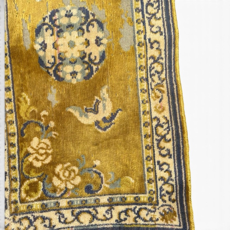 Vintage Chinese Art Deco Mini Velvet Tapestry Rug Mat Gold Blue Birds Medallion gallery