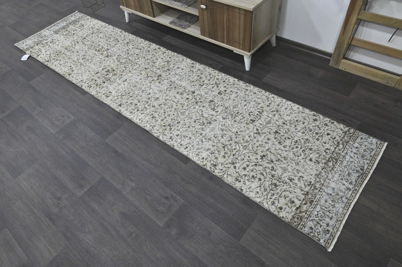 Vintage Turkish Runner Rug 2x10ft BEIGE Handmade Anatolian Oushak Hallway Wool gallery