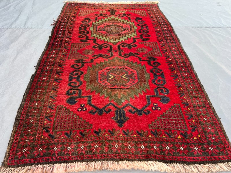 Vintage Afghan Hand-Knotted Baluchi Rug 2'11 x 4'11 ft Red Geometric Area Rug gallery