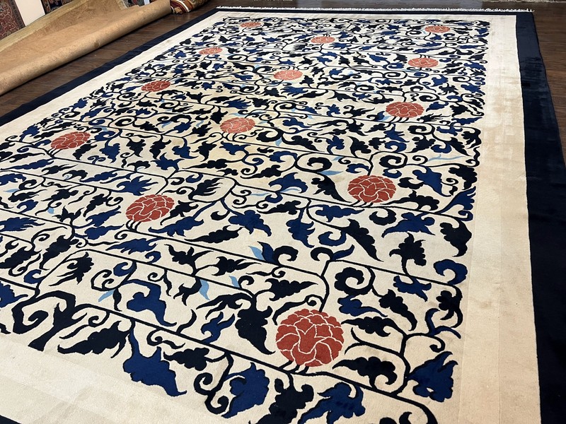 10x14 Chinese Peking Rug Allover Pattern Beige Black Blue Handmade Vintage 1940s gallery