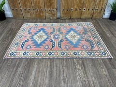 3×4 Figural Vintage Turkish Anatolian Rug, Hand-Knotted Pink Blue Small Oushak