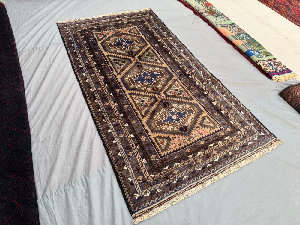 4x7 Vintage Afghan Hand-Knotted Wool Rug Blue Tribal Geometric Soft Area Rug
