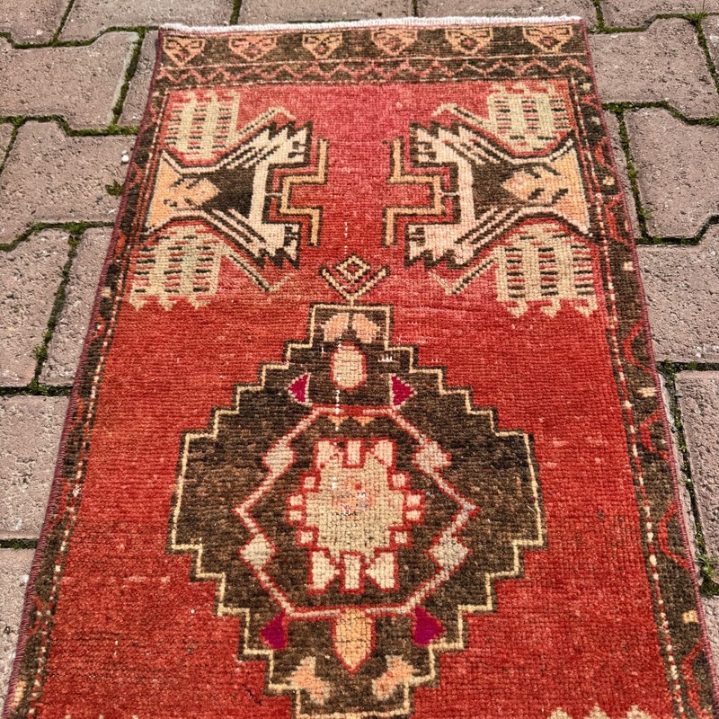 Rust Red 1x3 ft Turkish Wool Accent Rug With Ivory Animal Motifs - Tariff Free gallery