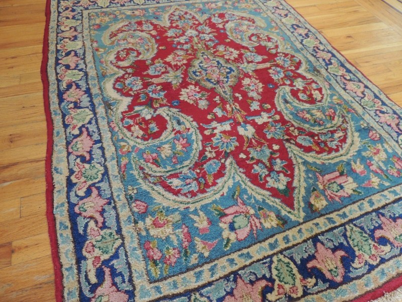 Antique 4x6 Kermaan Oriental Area Rug Red Blue fleur de lis design wool plush gallery