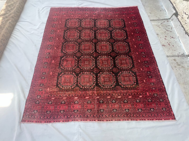 Vintage Turkmen Bukhara Rug 7x8 Hand Knotted Tribal Wool Red Black Bedroom Rug gallery