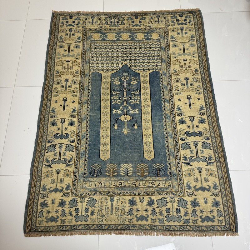 Vintage Hand Knotted Wool Oushak Rug, 4x5 Oriental Turkish in Blue Beige Tones gallery