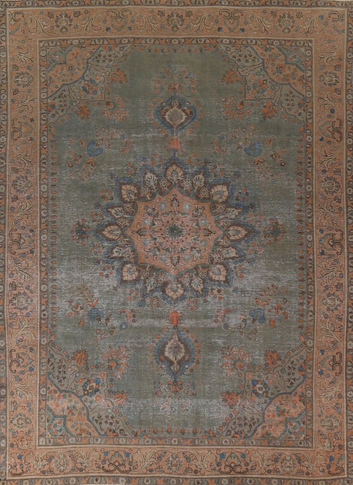 Floral Sage Green Handmade Tebriz Semi-Antique Rug 10x13 Wool Living Room Carpet