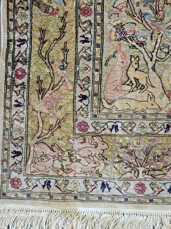 Large Antique Fine Double Knot Turkish Hereke Silk Souf Rug Metal Treads gallery