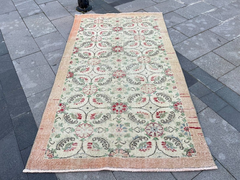 Vintage Turkish Oushak Rug 3.9x6.8 ft Beige Peach Distressed Wool Boho gallery