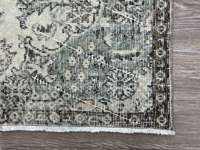 4x7 Beige Green Brown Vintage Turkish Rug, Hand-Knotted Wool Living Room Rug gallery