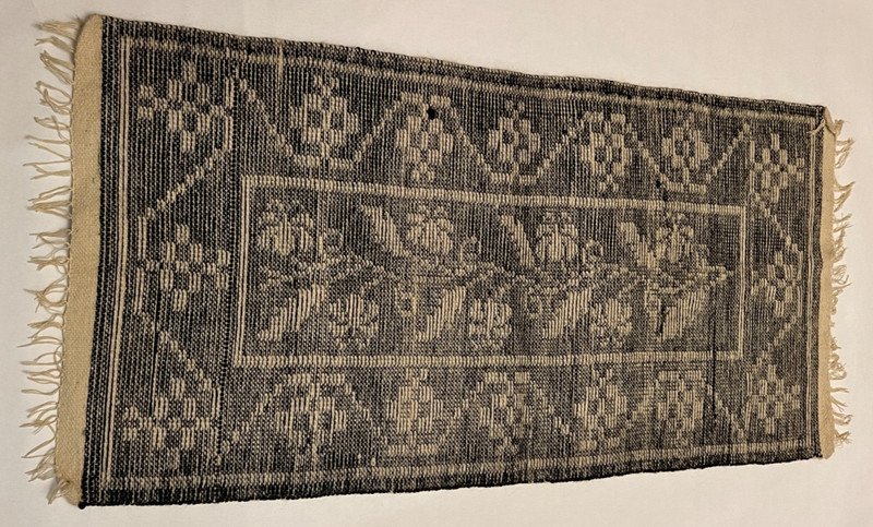 Vtg 1970s Hand Woven Wool Rug Black Beige 52" x 25" gallery