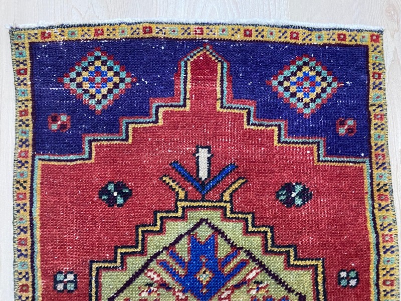 Vintage Turkish Small Rug 1.6x2.7 ft Bold Red Blue Medallion Wool Carpet gallery