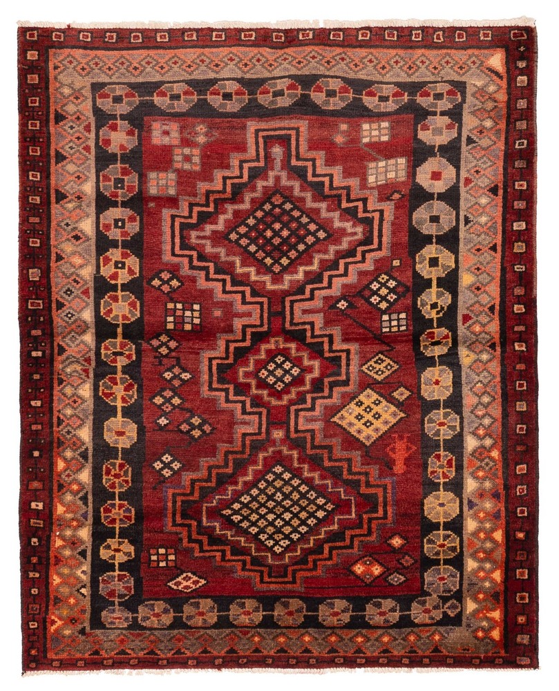 Vintage Geometric Area Rug 4'7" x 5'11" Traditional Hand-Knotted Wool Carpet