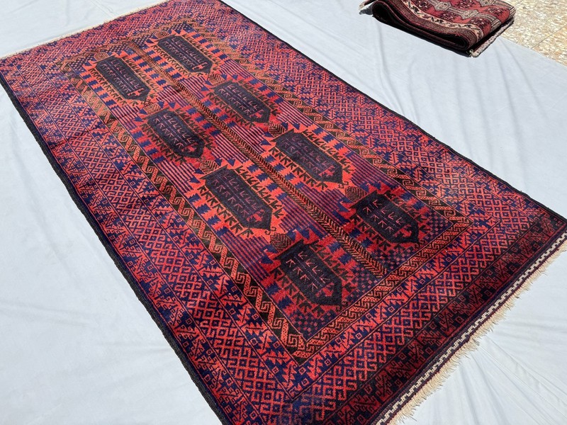 4x8 ft Hand Knotted Afghan Turkmen Area Rug Red Geometric Bokhara Nomadic Carpet gallery