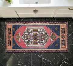 Small Vintage Turkish Oushak Rug 2×4 Hand-Knotted Wool Red Blue Bath Kitchen Mat