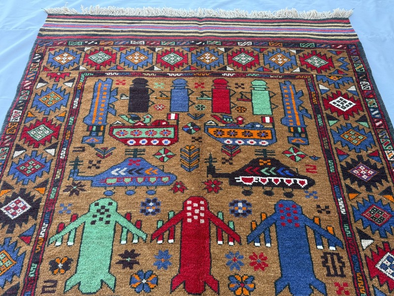 Antique Pictorial Afghan War Rug 4x6 Brown Hand Knotted Persian Style Tribal Rug gallery
