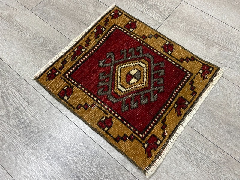 Small Handwoven Red Gold Rug 1.2x1.3 ft Oushak Square Wool Carpet gallery