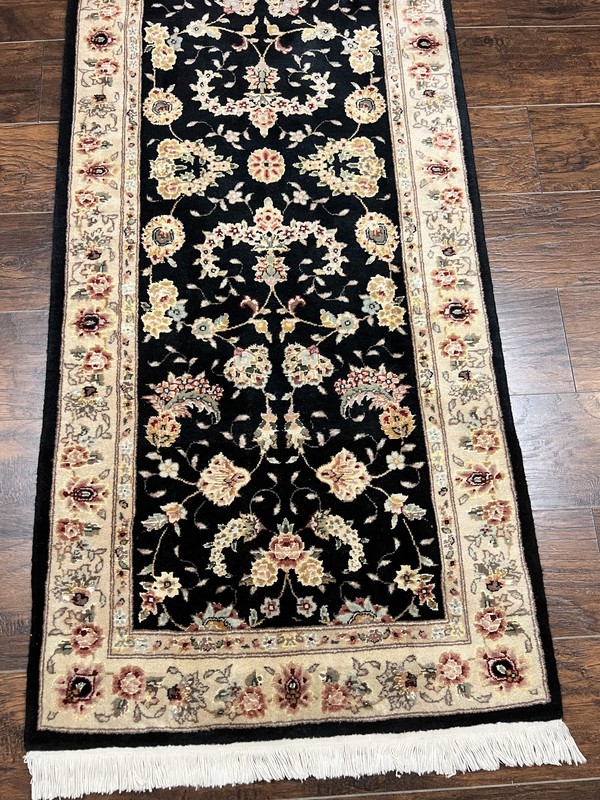 Short Runner Rug 2.7 x 6 Wool Silk Highlights Black Beige Handmade Floral gallery