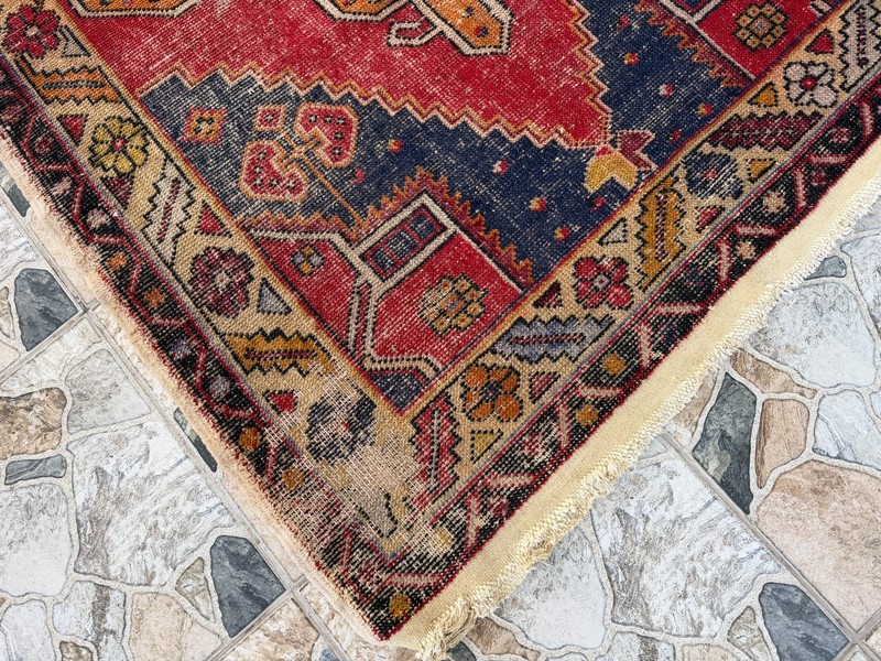 Vintage Anatolian Turkish Runner Rug Oriental Hand-Knotted Wool Geometric 4x8 ft gallery