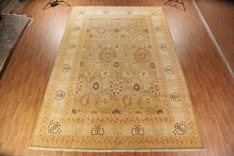 Vegetable Dye Gold Floral Tebriz Oriental Large Rug 12x18 Hand-knotted Wool gallery
