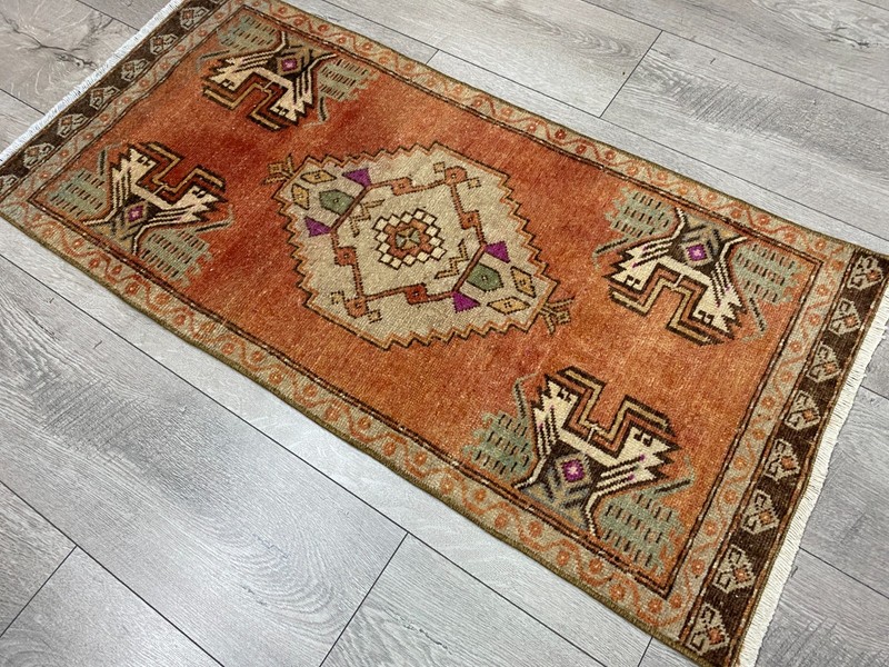 Turkish Tribal Wool Rug Handmade 1.6x3.3 ft Vintage Terracotta Geometric Small gallery