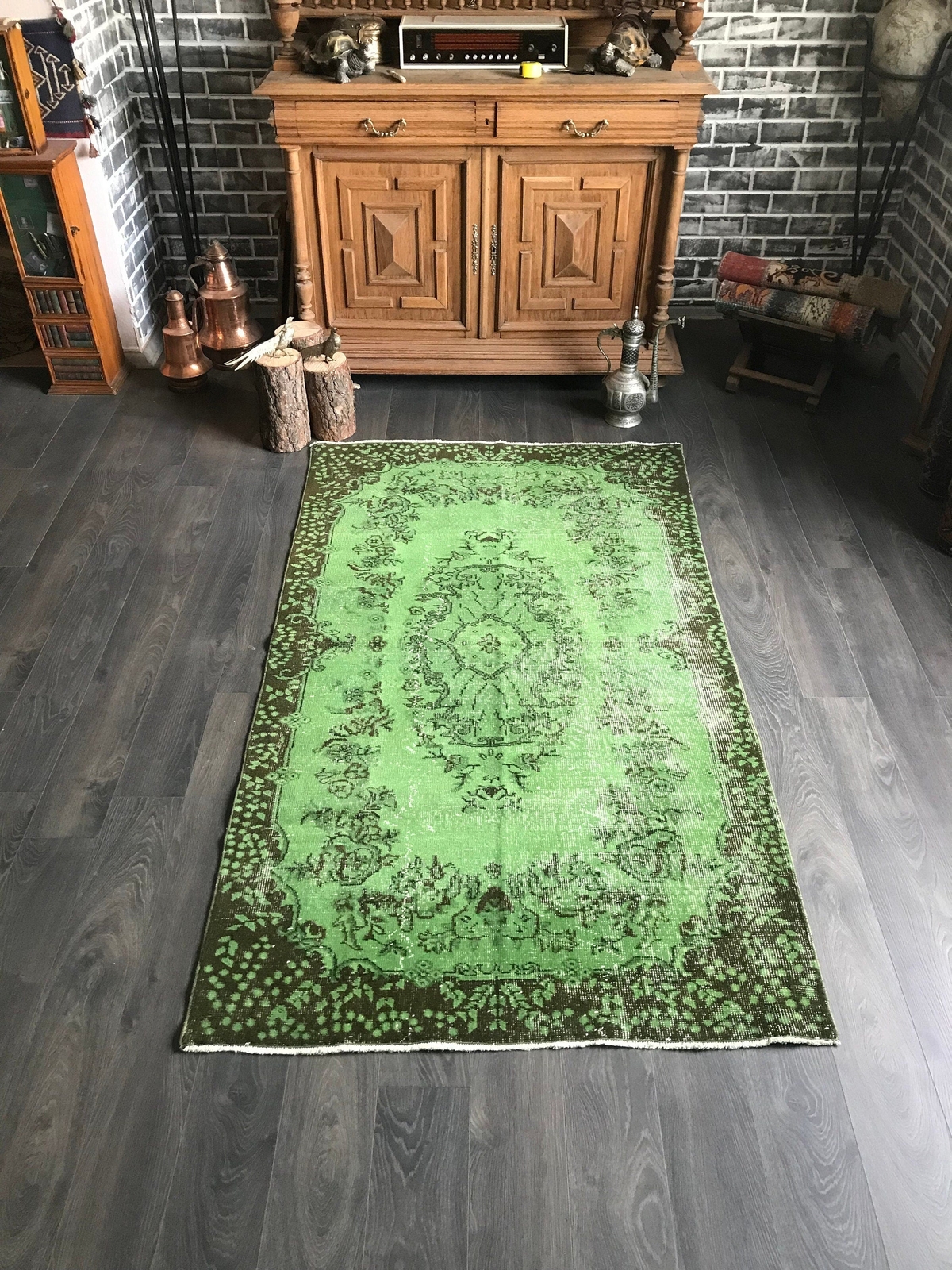 Green Overdyed Rug , Handmade Oushak Rug , Overdyed Vintage Rug , Oriental Turki gallery