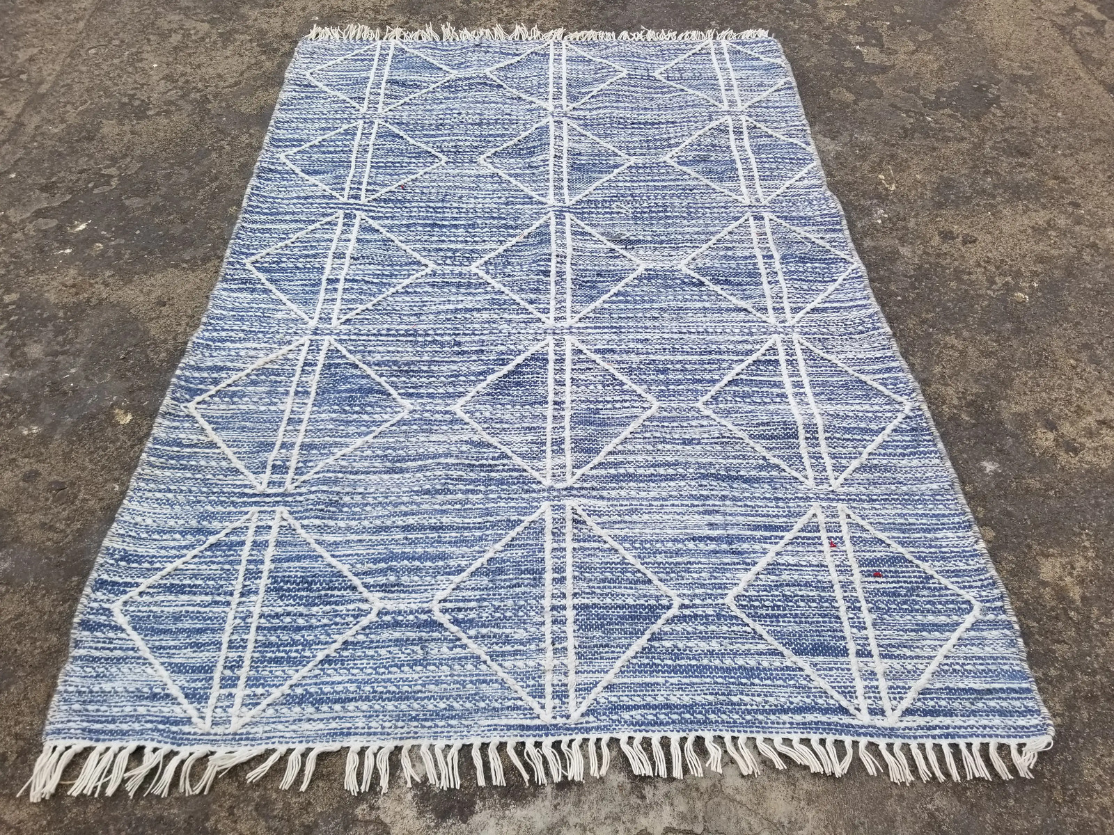 Vintage Handwoven Geometric Design Wool Blue & White Kilim Rug 4.8x3.6 ft gallery