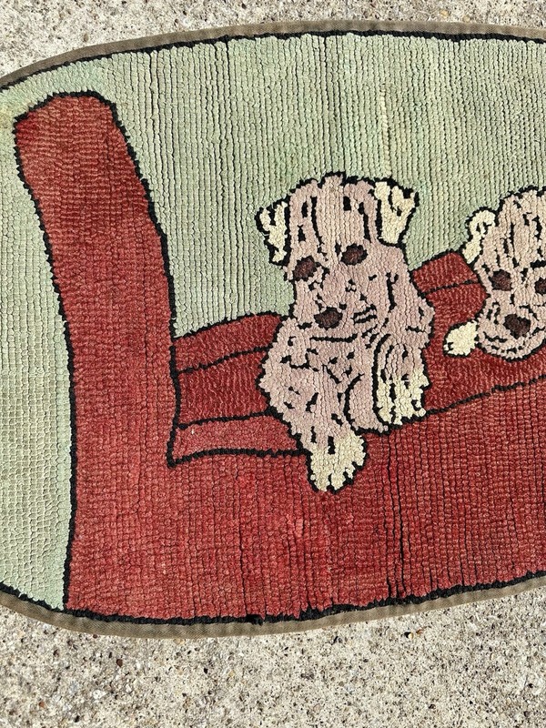Antique Hand Hooked Dog Rug Folk Art Dogs Puppies Wool 19.5 x 37 Oval Primitive gallery