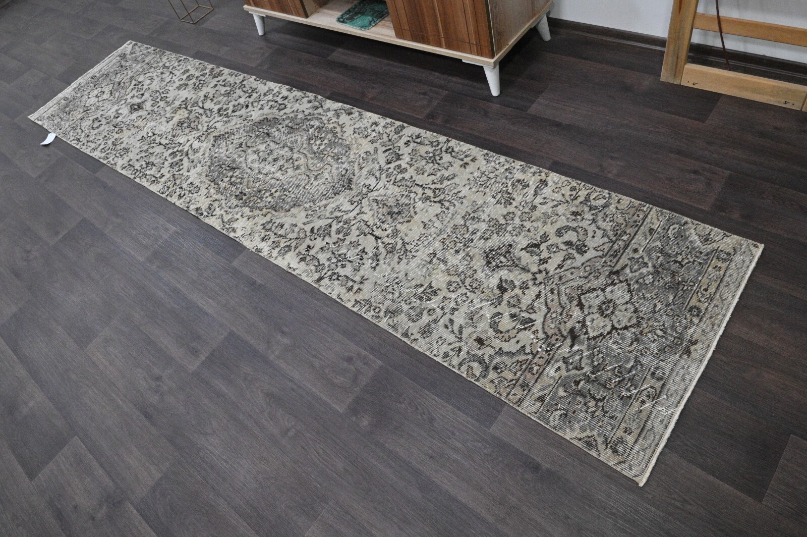 Vintage Turkish Runner Rug 2x10ft GRAY Handmade Anatolian Oushak Hallway Wool gallery