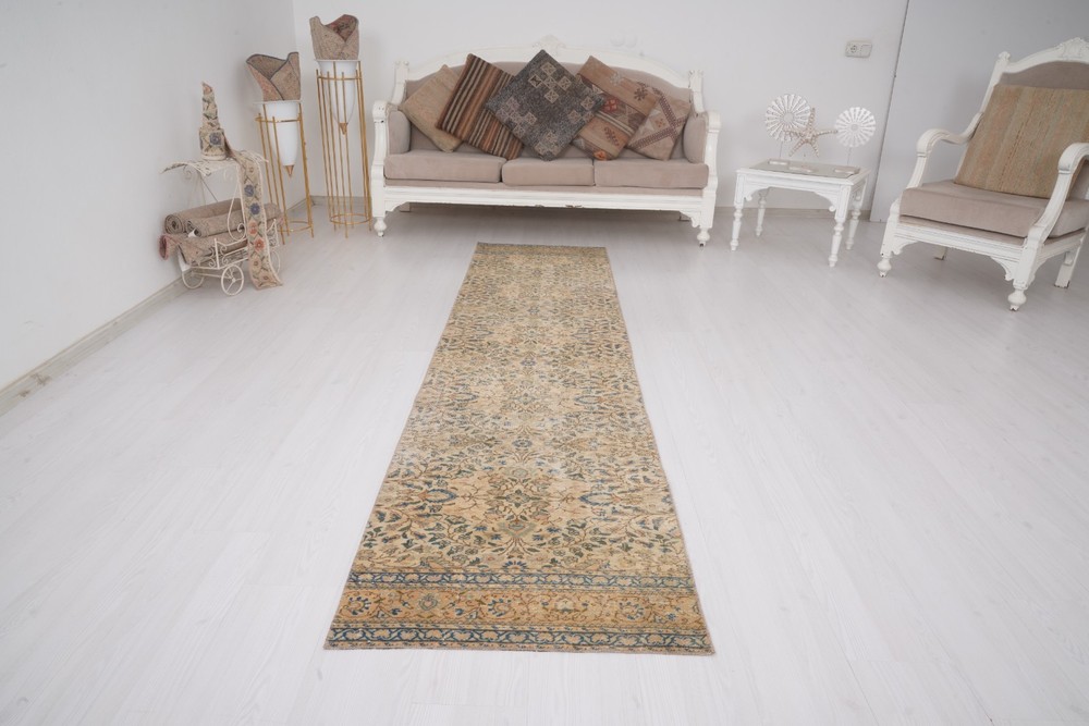 2x9 Turkish Vintage Neutral Runner Handmade Oushak Faded Carpet Runner Rug 523