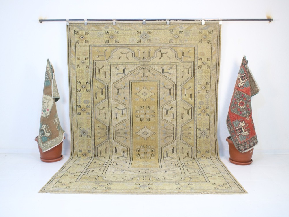 Vintage Turkish Area Rug 6.5x9.2 ft | Handmade Wool Beige Rug | 200x281 cm