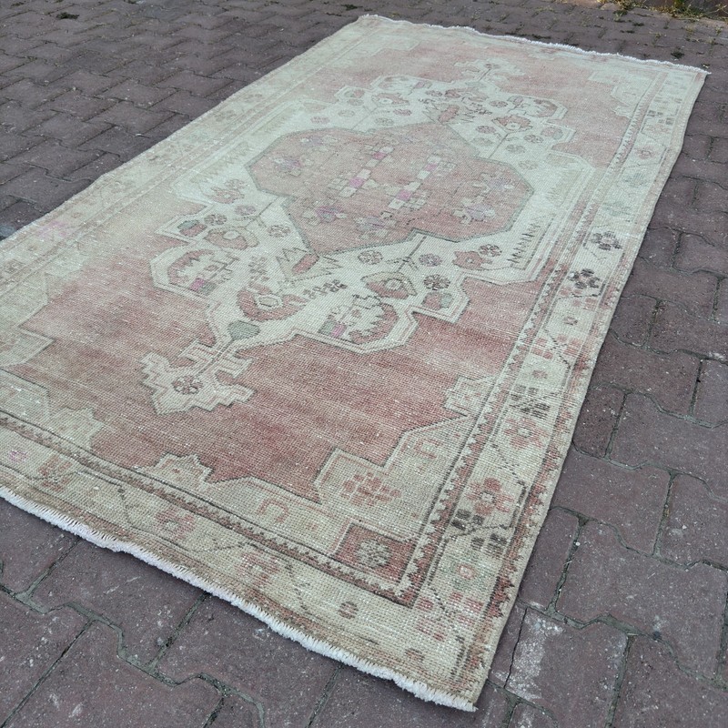 4x8 Faded Blush Wool Vintage Turkish Handmade Living Room Area Rug - Tariff Free gallery